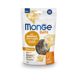Хрупкави джобчета с мек пълнеж за капризни котки MONGE Filled and Crunchy Fussy Cat, със свинско месо и сирене