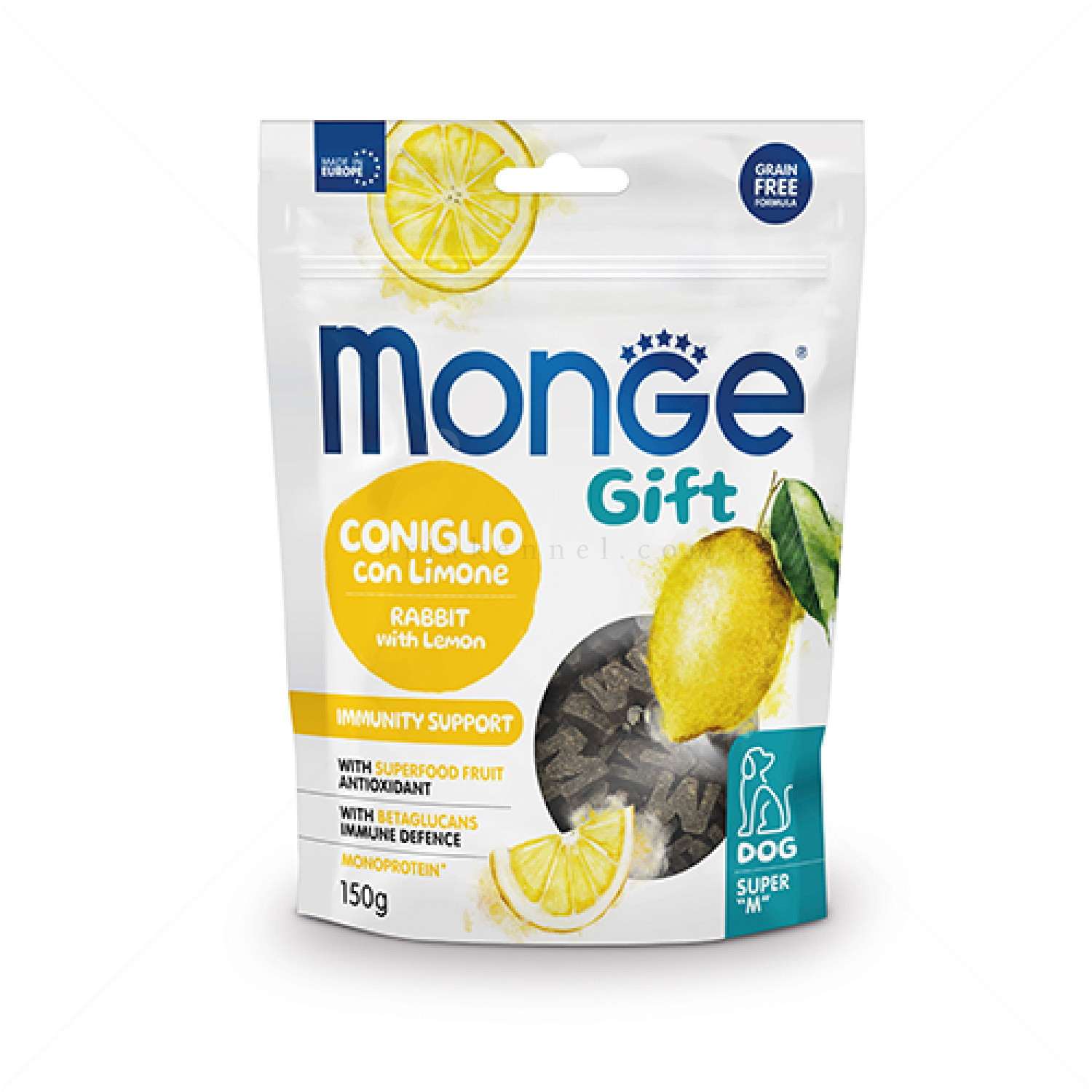 Меки хапки за подсилване на имунитета MONGE Gift Super M Immunity Support 150 гр, със заешко месо и лимон