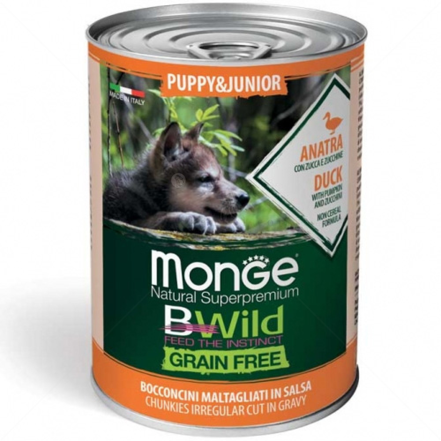 MONGE BWild Puppy&Junior 400 гр хапки в сос с патешко месо, тиква и тиквички
