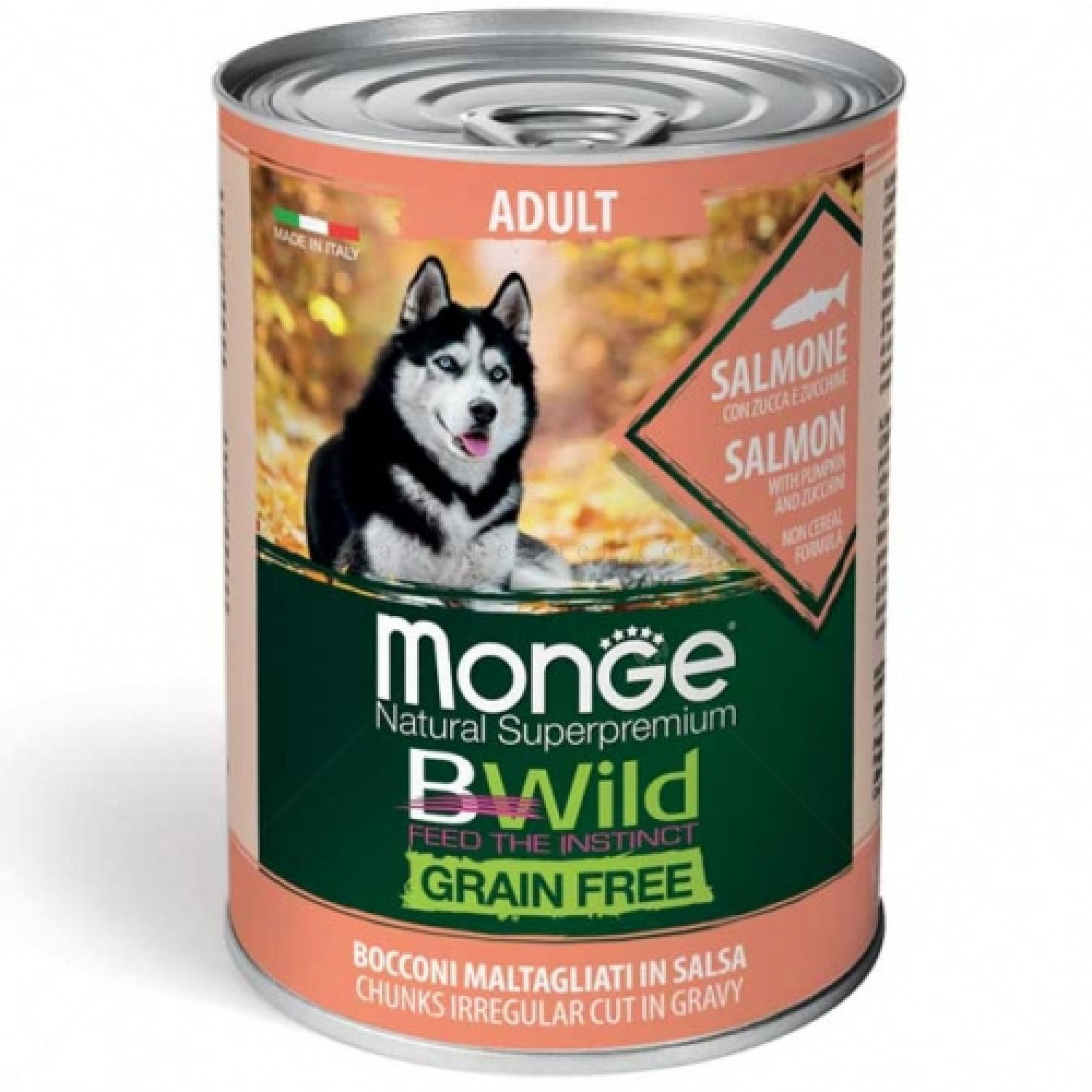 MONGE BWild Adult 400 гр хапки в сос със сьомга, тиква и тиквички